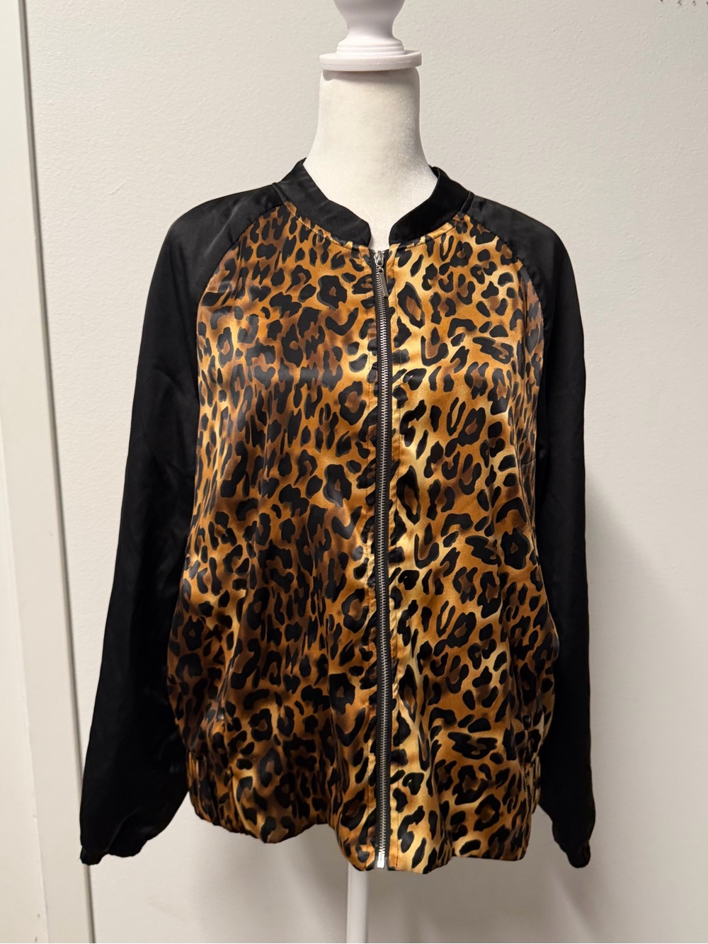 iJoah Leopard Print Satin Bomber Jacket Women’s Large Zip Front Lightweight